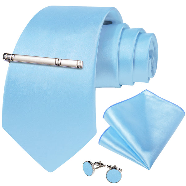 Arctic Blue Solid Silk Men's Necktie Pocket Square Cufflinks Set with Clip