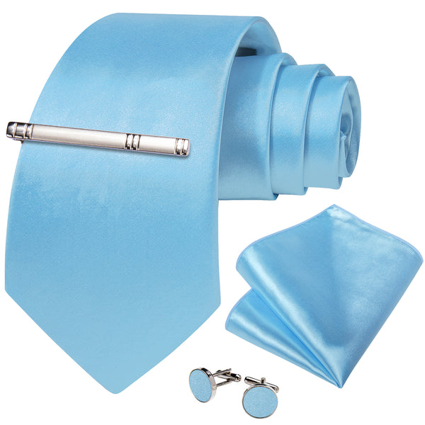 LightBLue Solid Silk Men's Necktie Pocket Square Cufflinks Set with Clip