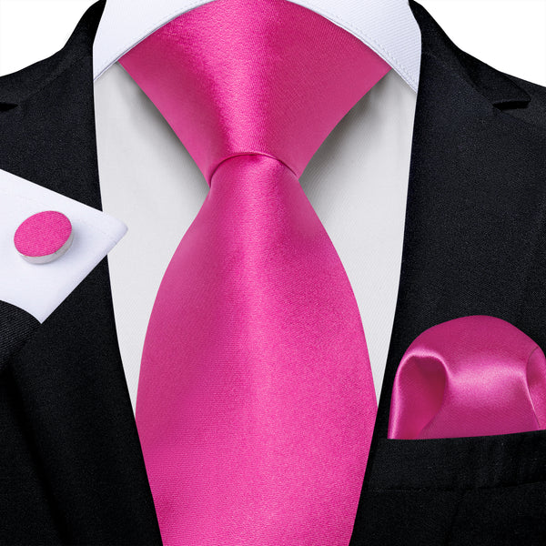 DeepPink Solid Silk Men's Necktie Pocket Square Cufflinks Set