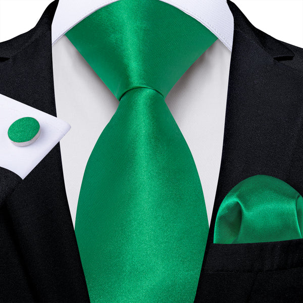 Green Solid Silk Men's Necktie Pocket Square Cufflinks Set
