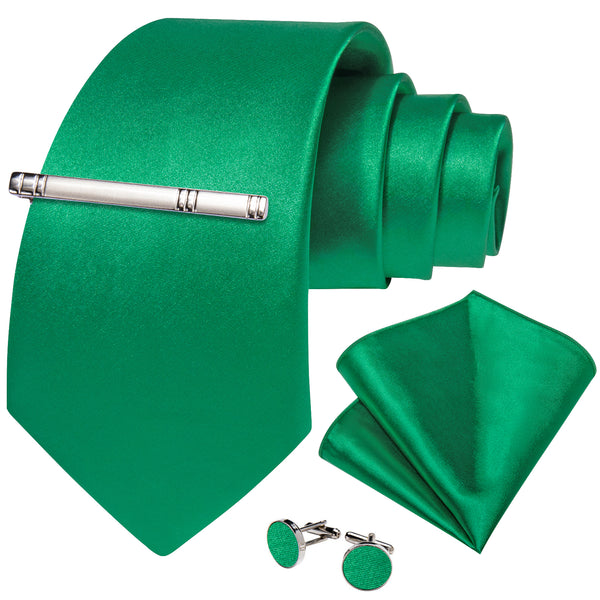Green Solid Silk Men's Necktie Pocket Square Cufflinks Set with Clip