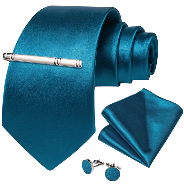 DarkTurquoise Solid Silk Men's Necktie Pocket Square Cufflinks Set with Clip