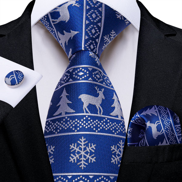 Christmas Blue White Deer Novelty Silk Men's Necktie Pocket Square Cufflinks Set
