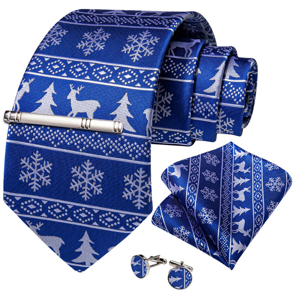 Blue White Deer Novelty Silk Men's Necktie Pocket Square Cufflinks Set with Clip