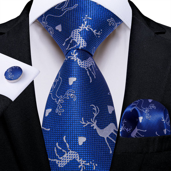 Christmas Blue White Novelty Silk Men's Necktie Pocket Square Cufflinks Set