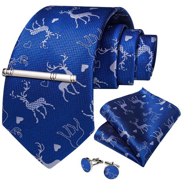 Christmas Blue White Novelty Silk Men's Necktie Pocket Square Cufflinks Set with Clip