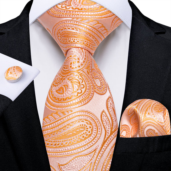 Coral Paisley Silk Men's Necktie Pocket Square Cufflinks Set