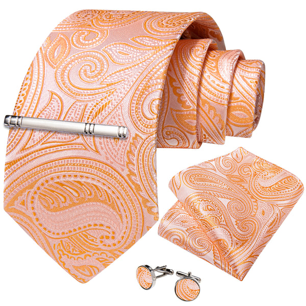 Ties2you Floral Tie Coral Paisley Silk Men's Necktie Pocket Square Cufflinks Set With Clip 4PC