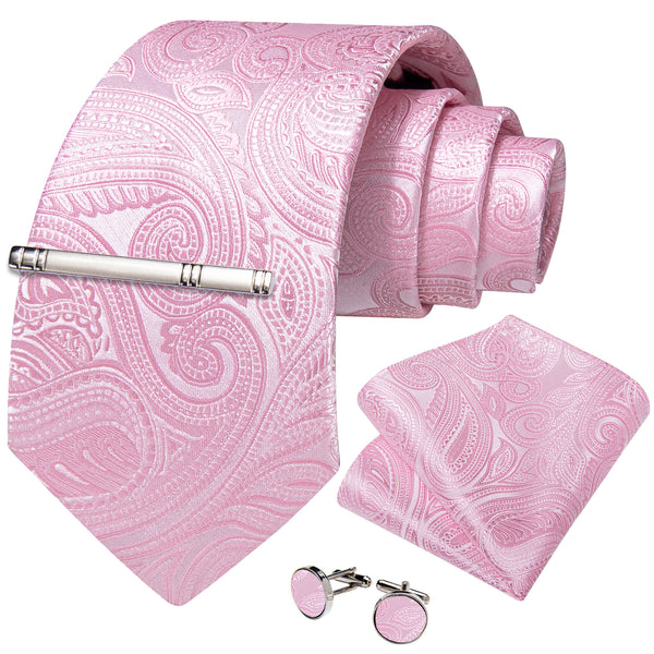 LightPink Paisley Silk Men's Necktie Pocket Square Cufflinks Set with Clip