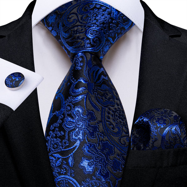 Black Navy Blue Floral Silk Men's Necktie Pocket Square Cufflinks Set