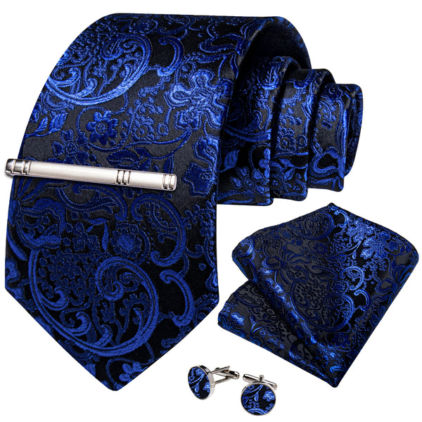 Black Navy Blue Floral Silk Men's Necktie Pocket Square Cufflinks Set with Clip