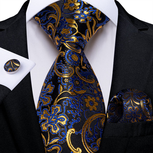 Black Navy Blue Golden Floral Silk Men's Necktie Pocket Square Cufflinks Set