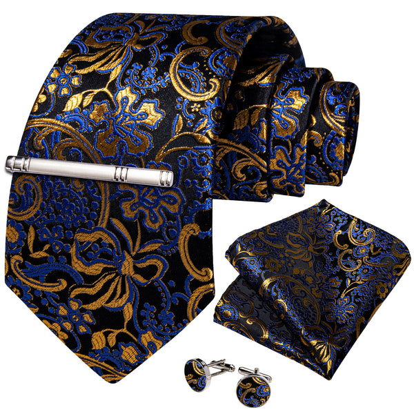 Black Navy Blue Golden Floral Silk Men's Necktie Pocket Square Cufflinks Set with Clip