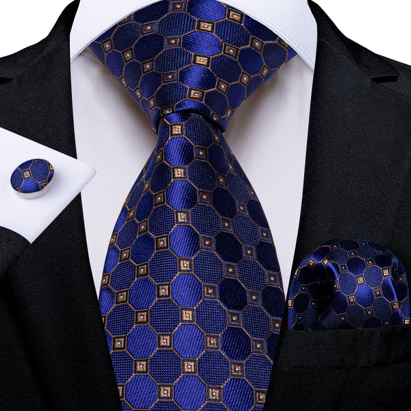 Black Navy Brown Geometric Silk Men's Necktie Pocket Square Cufflinks Set