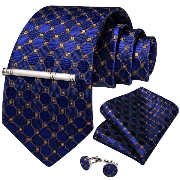 Black Navy Brown Geometric Silk Men's Necktie Pocket Square Cufflinks Set with Clip