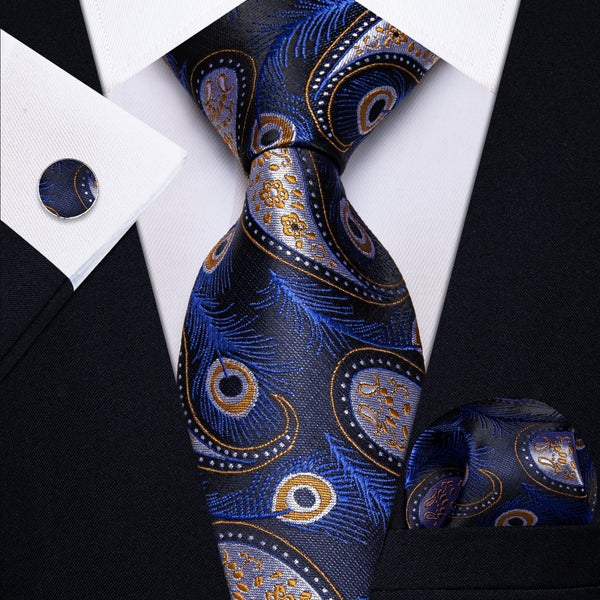 Ties2you Blue Yellow Paisley Feather Men's Necktie Pocket Square Cufflinks Set