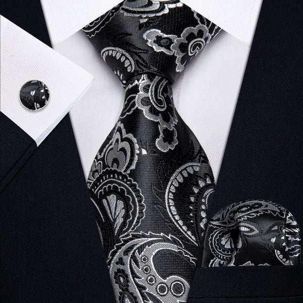 Ties2you Black Tie Formal Black Silver Paisley Men's Necktie Set