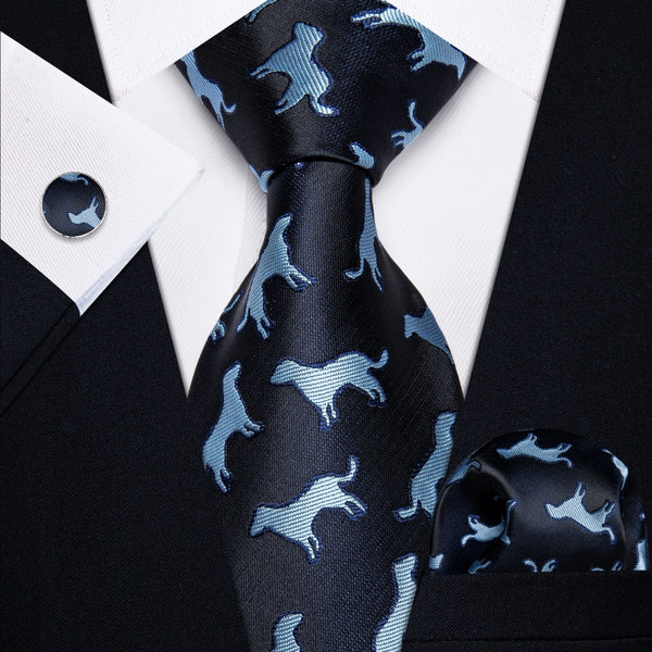 Ties2you Black Blue Puppy Pattern Men's Tie Handkerchief Cufflinks Set