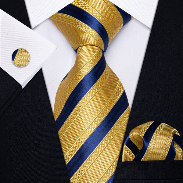 Ties2you Gold Yellow Navy Striped Necktie Pocket Square Cufflinks Set