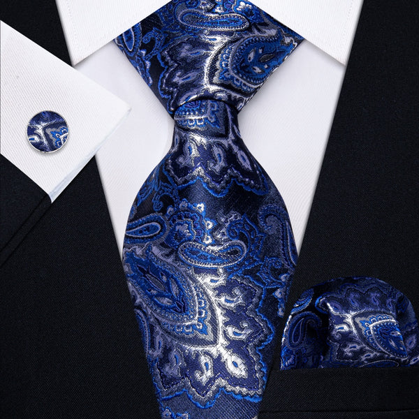 Ties2you Paisley Tie for Men Navy Blue Business Necktie Handkercheif Cufflinks Set