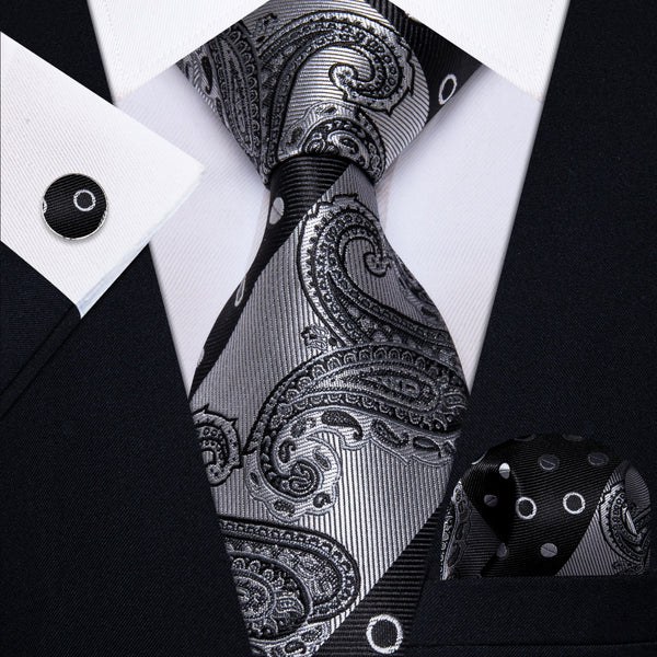 Ties2you Black Dark Grey Wedding TIe Polka Dot Tie Hanky Cufflinks Set