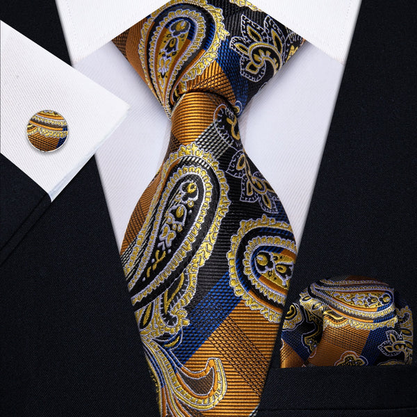 Ties2you Black Blue Gold NecktIe Men's Paisley Tie Hanky Cufflinks Set