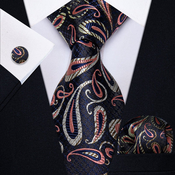 Ties2you Black Tie Pink Jacquard Paisley Necktie Hanky Cufflinks Set