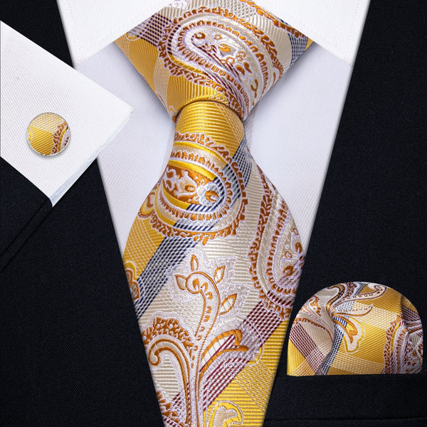 Ties2you Yellow Tie Champagne Color Jacquard Tie Hanky Cufflinks Set