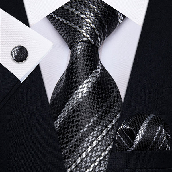 Ties2you Tie Black Grey White Stripes Wedding Tie Hanky Cufflinks Set