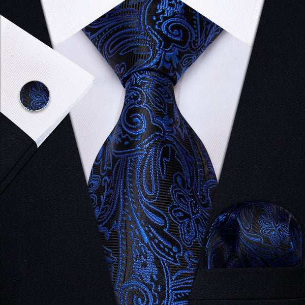 Ties2you Black Necktie Dark Blue Jacquard Necktie Hanky Cufflinks Set