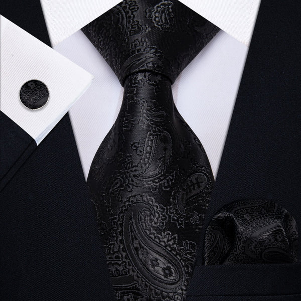 Ties2you Black Ties Paisley Jacquard Wedding Tie Hanky Cufflinks Set