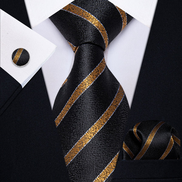 Ties2you Black Necktie Gold Stripes Men's Tie Hanky Cufflinks Set
