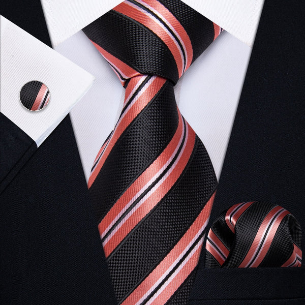 Ties2you Black Necktie Coral Red Stripes Men's Tie Hanky Cufflinks Set