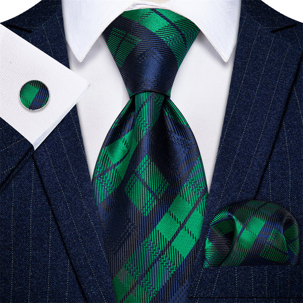 Ties2you Dark Green Neck Tie Blue Checkered Tie Hanky Cufflinks Set