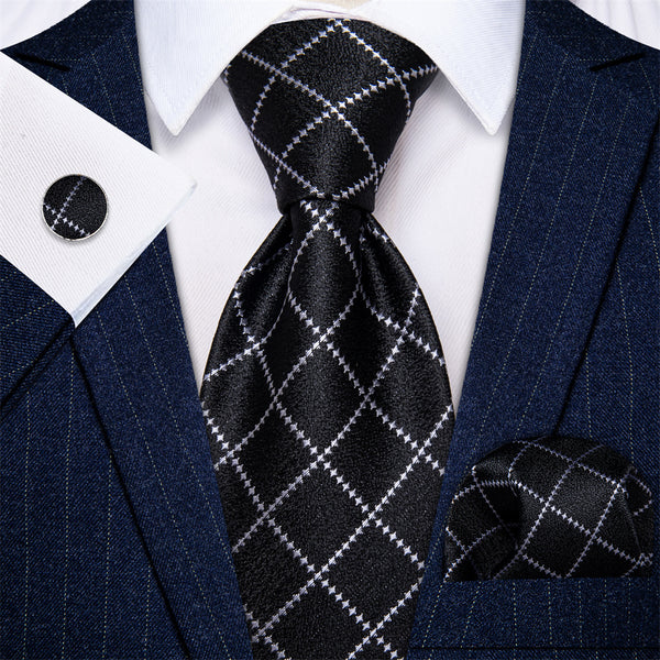 Ties2you Black Necktie Silver Grey Checkered Men's Wedding Tie Set