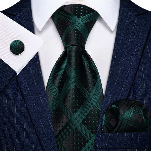 Ties2you Necktie Black Dark Green Checkered Tie Hanky Cufflinks Set
