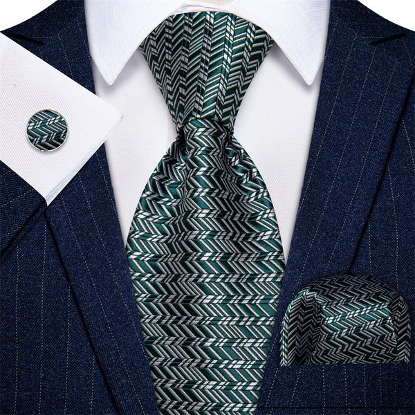 Ties2you Dark Green Tie Grey Geometric Tie Handkerchief Cufflinks Set