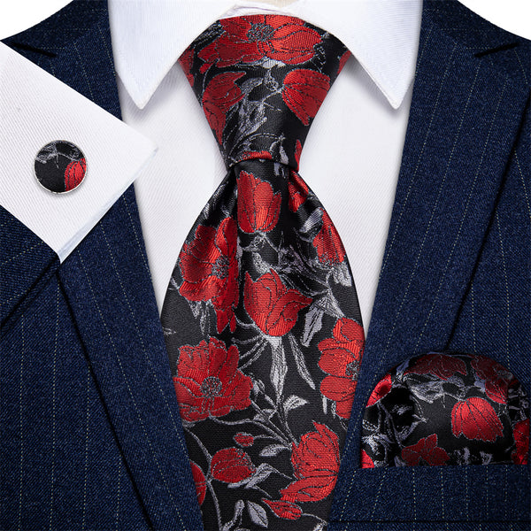 Ties2you Red Tie Floral Jacquard Black Grey Tie Hanky Cufflinks Set