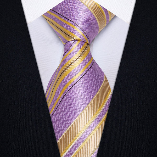 Ties2you Purple Yellow Tie Striped Men Necktie Hanky Cufflinks Set