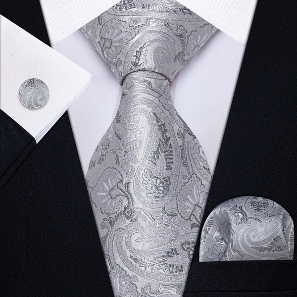 Ties2you Light Grey Tie Paisley Floral Necktie Hanky Cufflinks Set