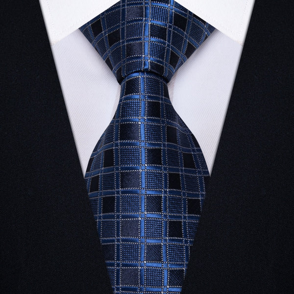 Ties2you Deep Blue Plaid Tie Men Silk Necktie Hanky Cufflinks Set