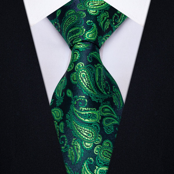Ties2you Deep Blue Green Jacquard Paisley Necktie Hanky Cufflinks Set