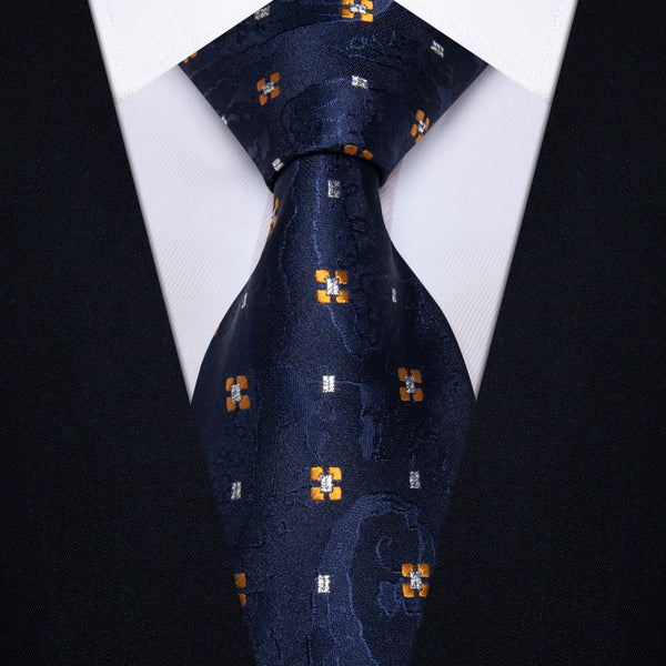 Ties2you Navy Blue Necktie Gold Flower Pattern Tie Hanky Cufflinks Set