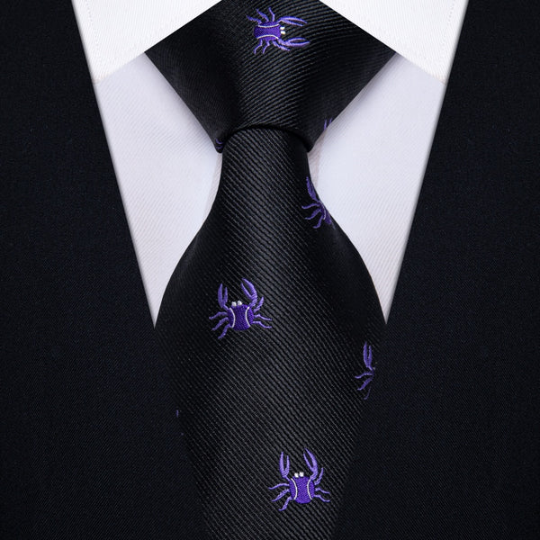 Ties2you Mens Black Tie Purple Crab Pattern Tie Hanky Cufflinks Set