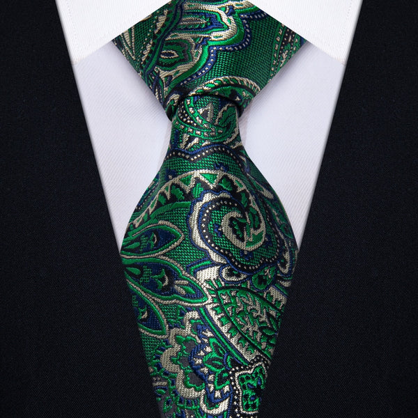 Ties2you Mens Green Tie Paisley Silk Neck Tie Hanky Cufflinks Set