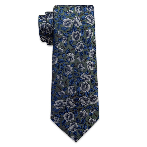 Ties2you Green Necktie Blue Jacquard Floral Tie Hanky Cufflinks Set