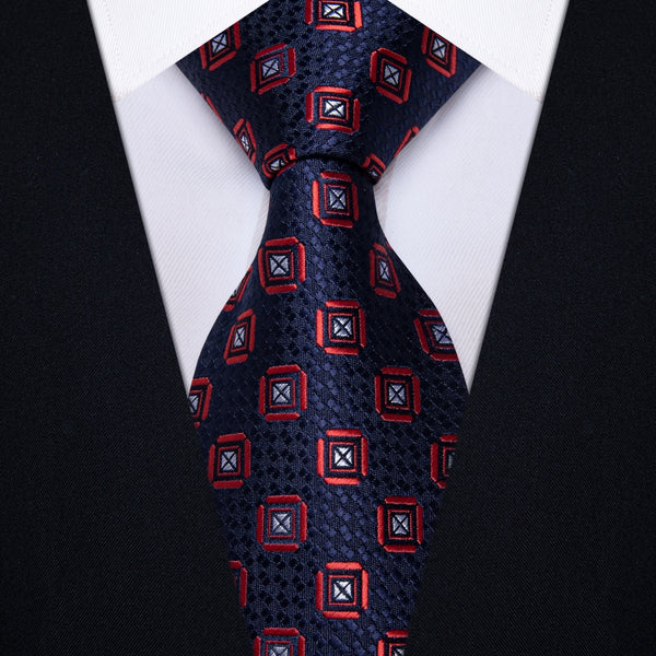 Ties2you Dark Blue Necktie Red Geometric Mens Tie Hanky Cufflinks Set