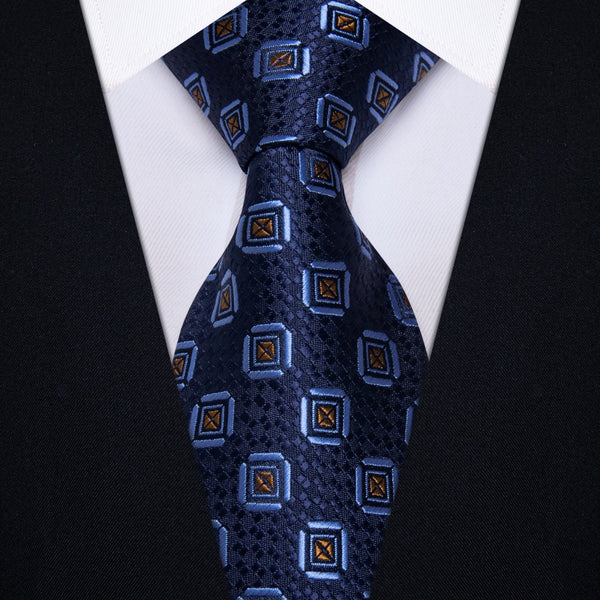 Ties2you Dark Blue Necktie Gold Geometric Mens Tie Hanky Cufflinks Set