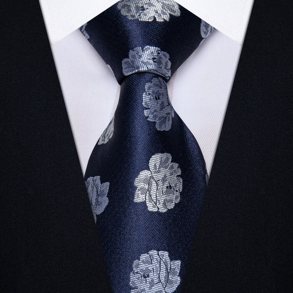 Ties2you Deep Blue Neckties Grey Roses Floral Tie Hanky Cufflinks Set