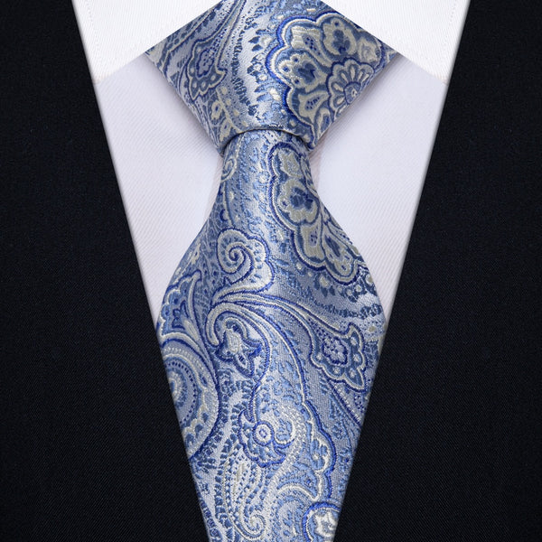 Ties2you Sky Blue Neckties Cloud White Paisley Tie Hanky Cufflinks Set